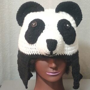 Men's Panda Knit Hat - Black and White